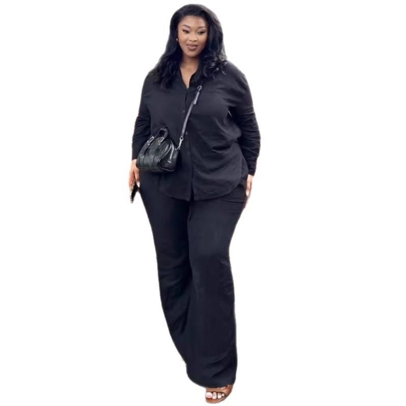 Africa's new long-sleeved lapel solid color large-size shirt set European and American women's clothing casual wide-leg trousers two-piece set for