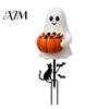 Weather Resistant Yard Art Halloween Ghost Candy Bowl Garden Stake, 2D Flat Pumpkin Holder with Cat Party Signs And Bats, Trick or Treat
