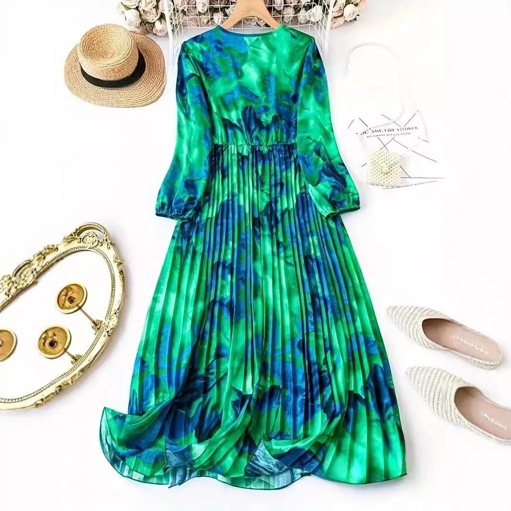 Весенне-осеннее женское платье больших размеров с принтом тай-дай, плиссированное платье на талии, платья с длинным рукавом и V-образным вырезом