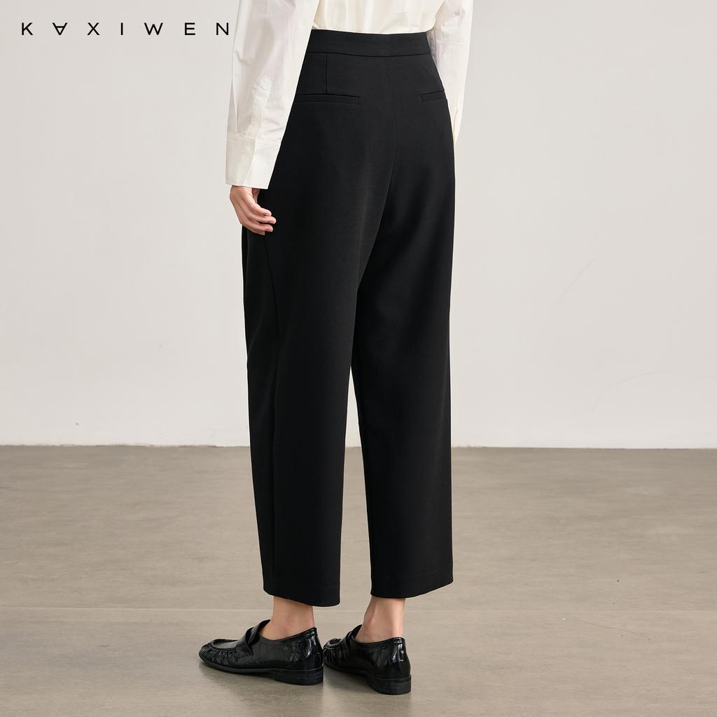 Qianwen minimalist silhouette casual pants for spring 2026, versatile commuting style, slim and high waisted wool tapered pants