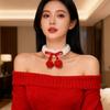 Festive Red Bow & White Plush Choker Necklace with Pompon for Women