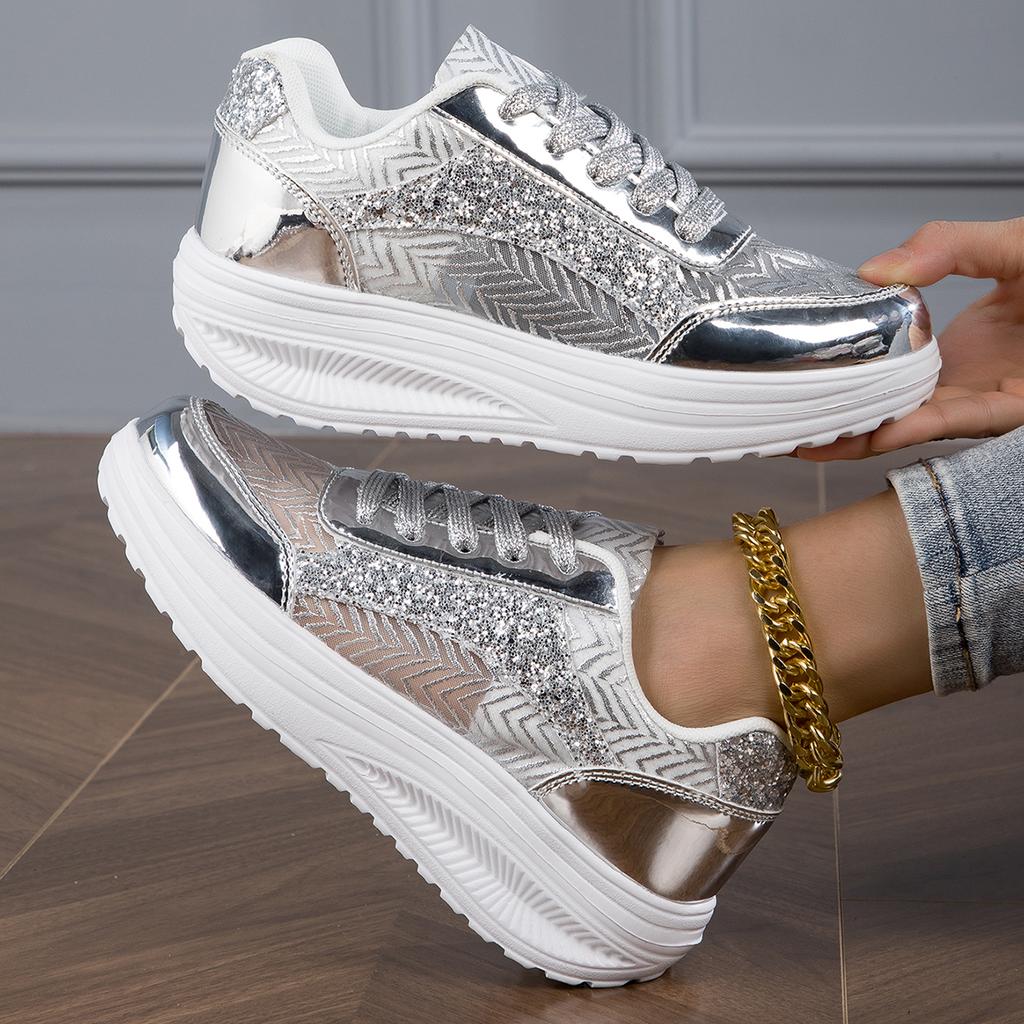 Women Casual Shoes Silver Stripes Glitter Platform Sneakers Female Spring Autumn Non Slip Thick Soled Walking Shoes