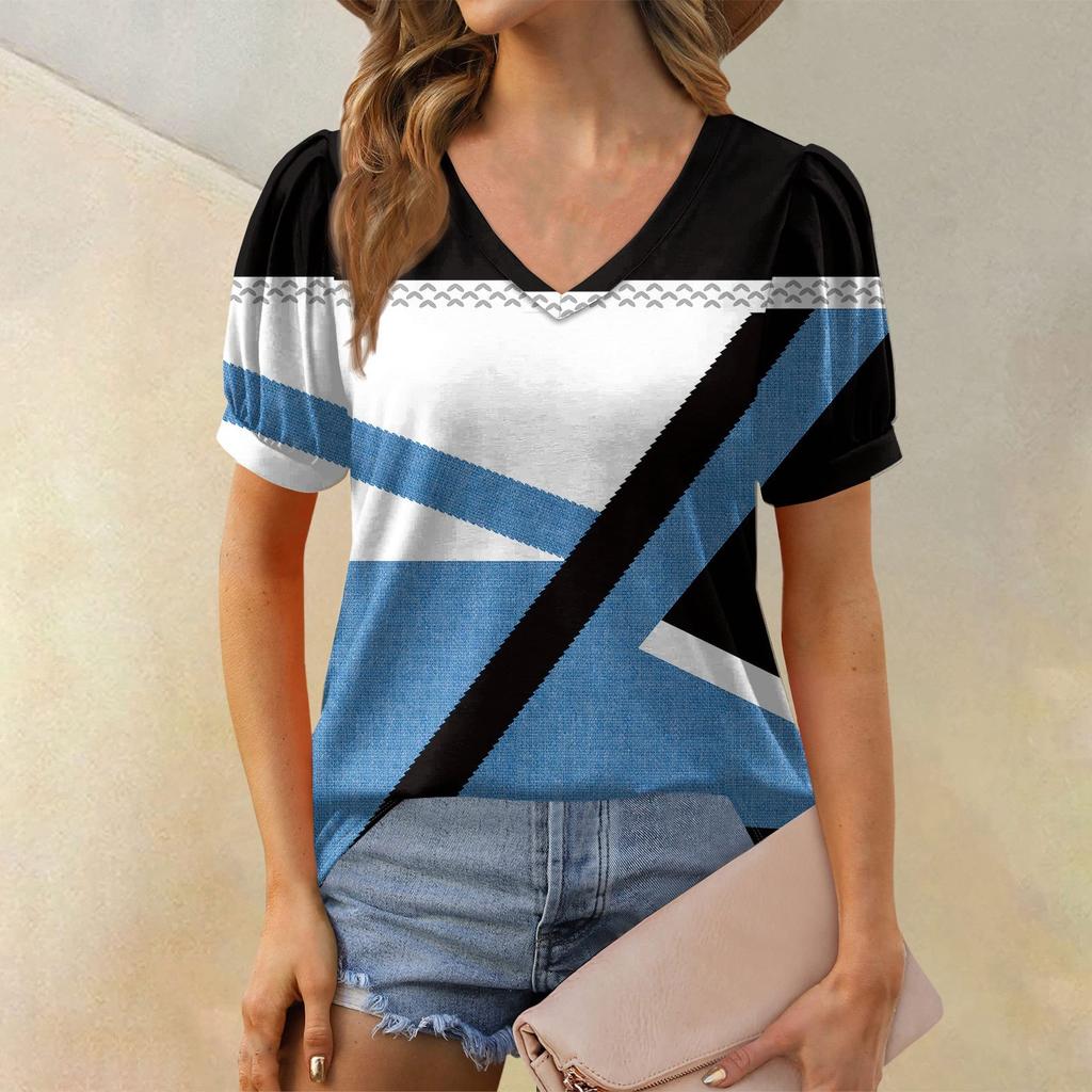 Женская модная футболка с коротким рукавом и V-образным вырезом, с принтом в стиле пэчворк, с цветными блоками, свободная повседневная футболка