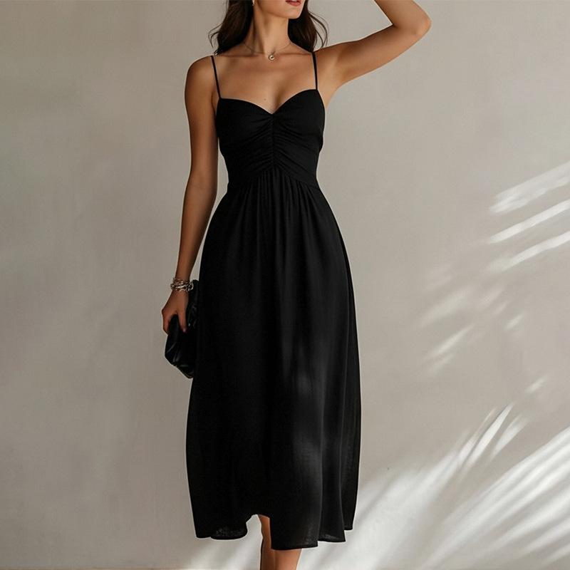 Women S Sexy Solid Color Sleeveless High Waist Pleated Long Dress