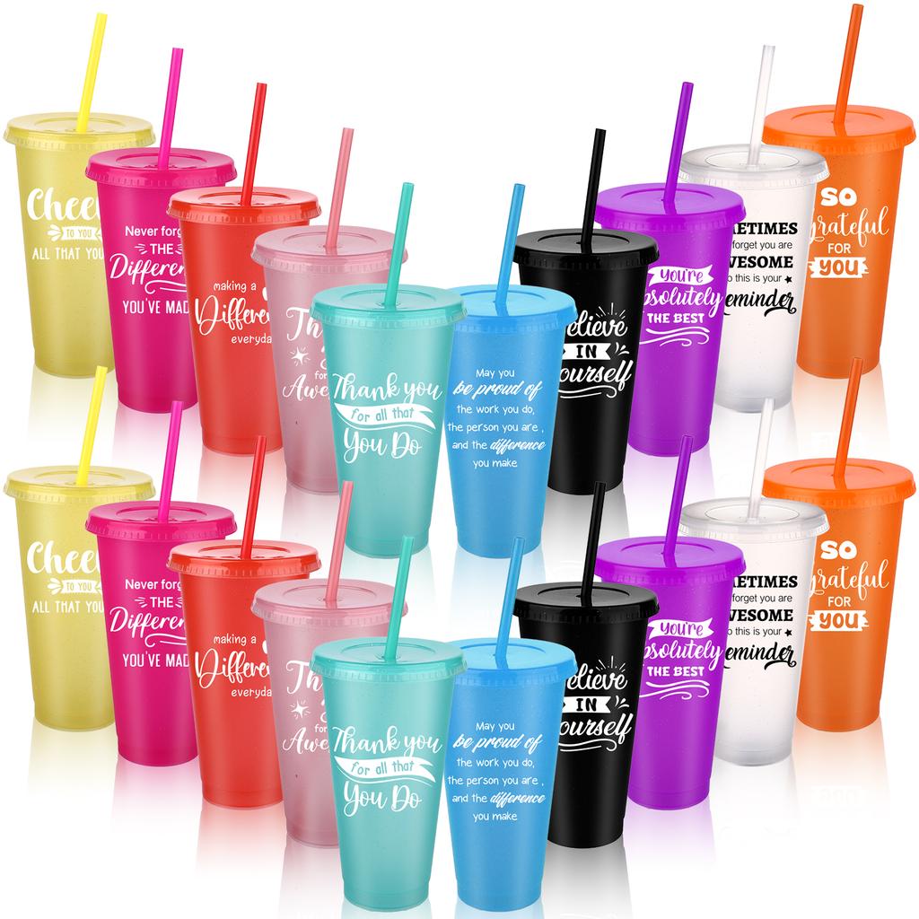 20 шт. стаканов Thank You оптом 24 унции вдохновляющие пластиковые стаканы блестящие многоразовые стаканы с трубочкой и крышкой холодный кофе вода B