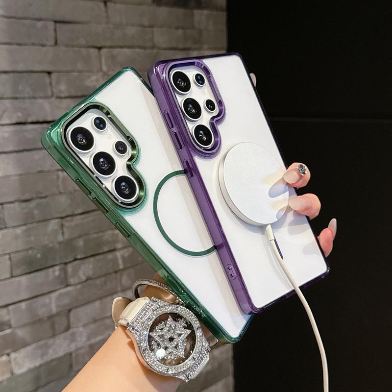 Metal Lens Frame Clear Phone Case For Samsung S25 Plus S24 FE S23 Ultra A16 A56 A36 A55 A15 Soft Edge Shockproof Wireless Charge Magnetic Back Cover