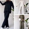Two-piece Set of Women's Fashionable Casual Straight-leg Pants with A Loose and Elegant High-neck Tapered Knitted Suit