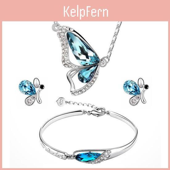 Jewelry Fashion Rhinestone Women Butterfly Set Necklace Earrings Bracelet