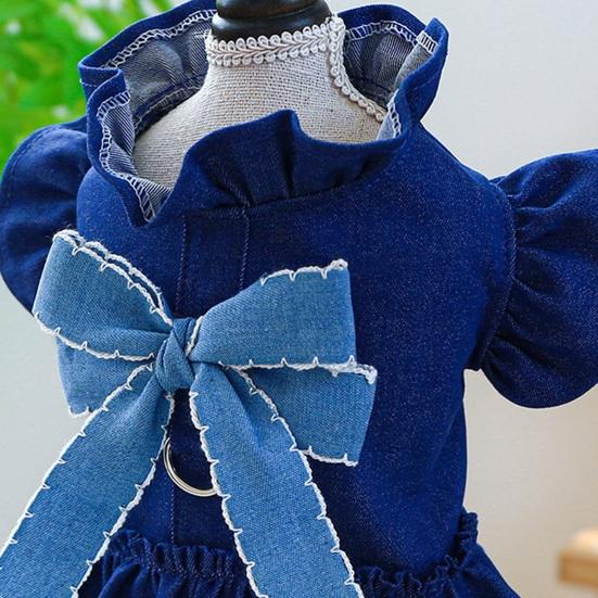 Стильное очаровательное джинсовое платье для собаки с большим бантом и рюшами на рукавах, милый наряд для домашнего животного