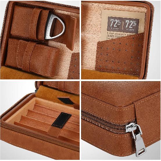 Cigar Travel Humidor, Cedar Wood Leather Cigar Case with Cigar Accessories Gift Set, Brown
