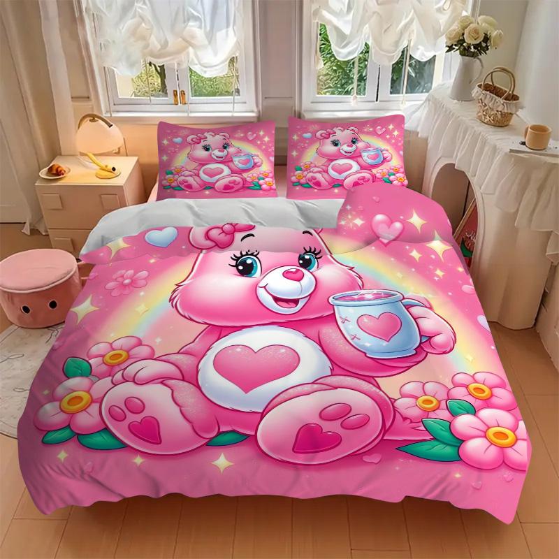 Pink Bear Heart Flowers Print 3Pcs Bedding Setduvet Cover With 2 Bedropillowcase Home Birthday Gift