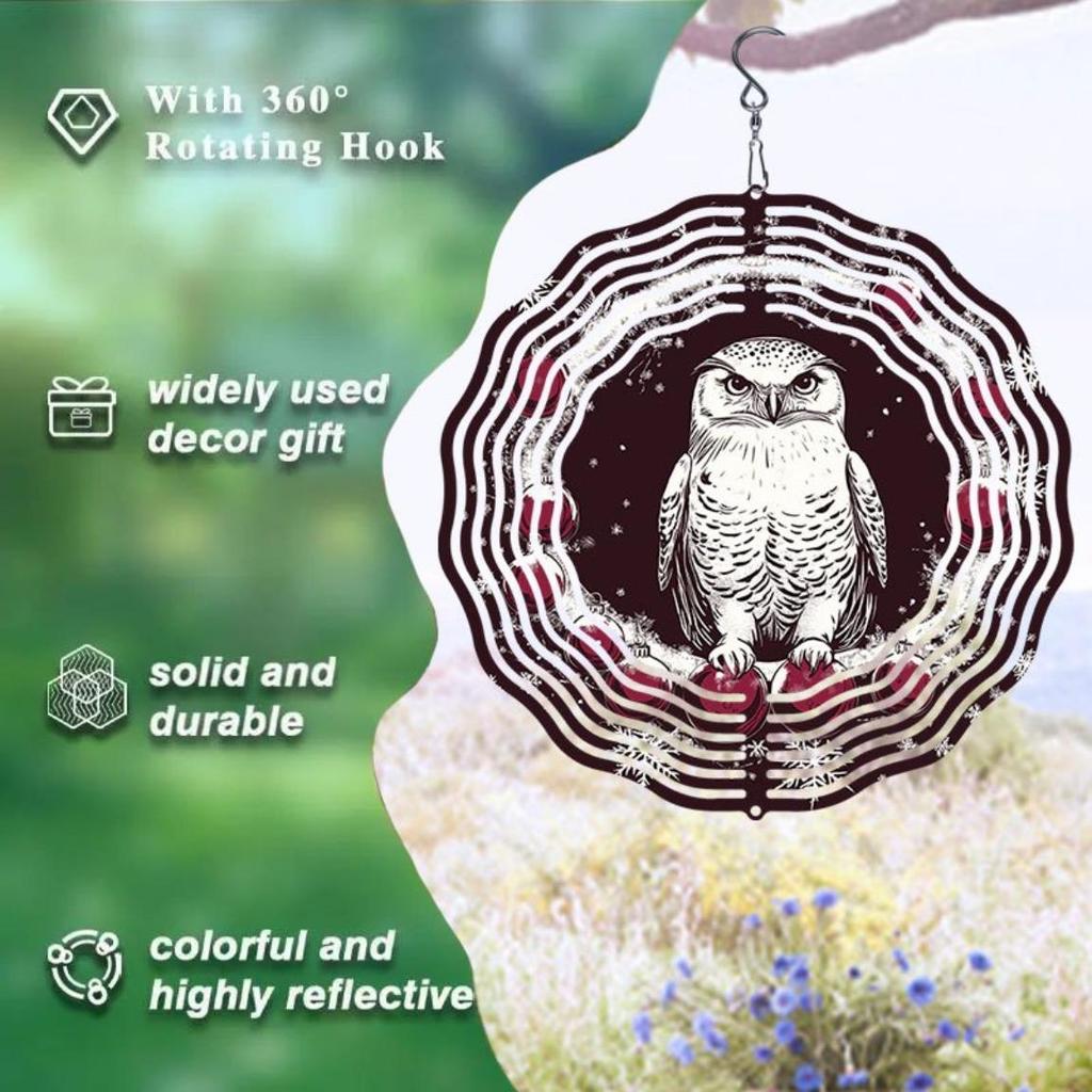 Christmas Owl Wind Spinner 3D Metal Hanging Ornament for Indoor Outdoor Garden Decor Holiday Yard Art Easy Install No Power Needed