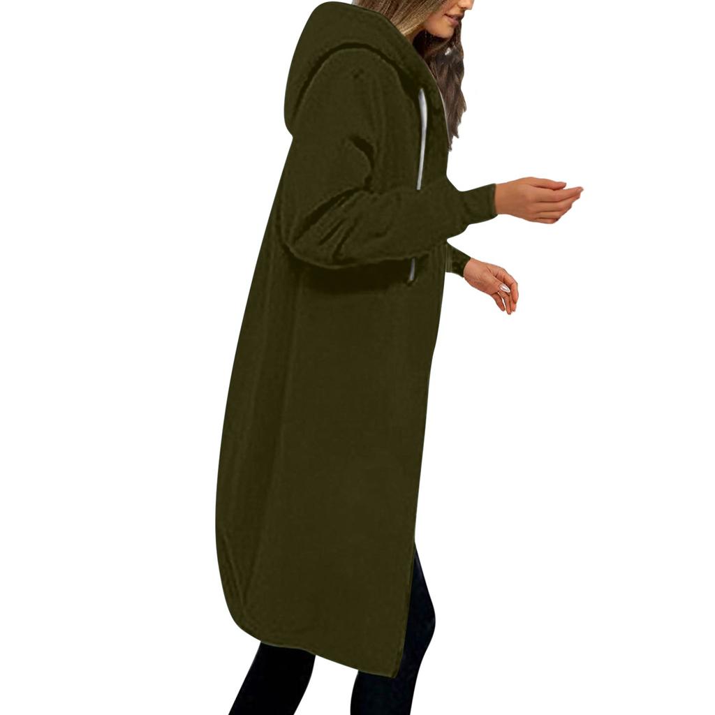Women's Casual Zip Up Hoodies Long Tunic Sweatshirt Winter Windproof Drawstring Hooded Jacket Outerwear With Pockets