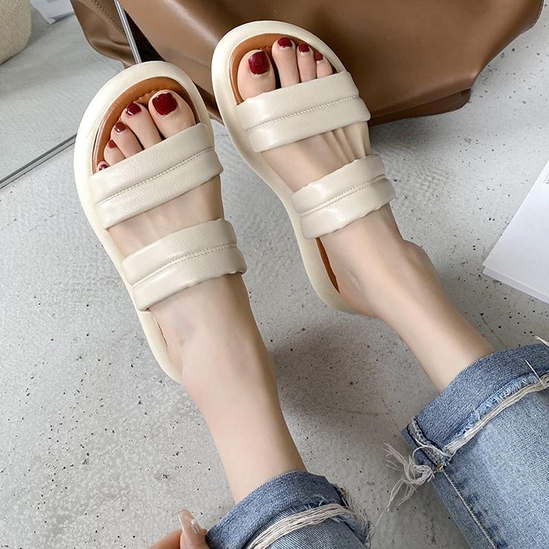 Cross Band White Leather Platform Slippers Women Luxury Designer Slides Shoes Soft Belt Beach Sandalias Woman Outdoor Sandals