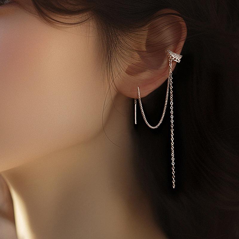 Long Fringed Ear Clips Without Ear Holes, Women'S Inlaid Zircon C-Shaped Ear Bone Clips, Temperament Double Chain Earrings