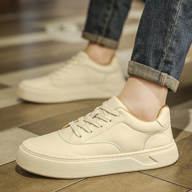 Fashion Luxury Men's High Quality Casual Leather Shoes Comfortable Thick Bottom Designer Lace-up Loafers Fashion Versatile White Shoes