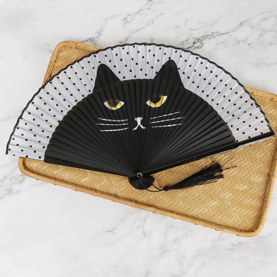 Мультяшный кот складной веер в японском стиле деревянный ручной веер