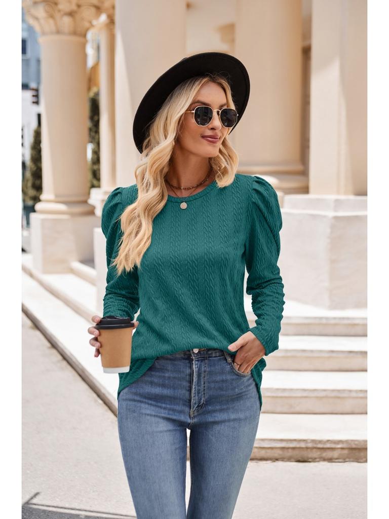 2024 Новая осенняя мода Повседневная круглая горловина однотонная трикотажная жаккардовая женская футболка с рукавами-пузырями и узорами из жареного теста