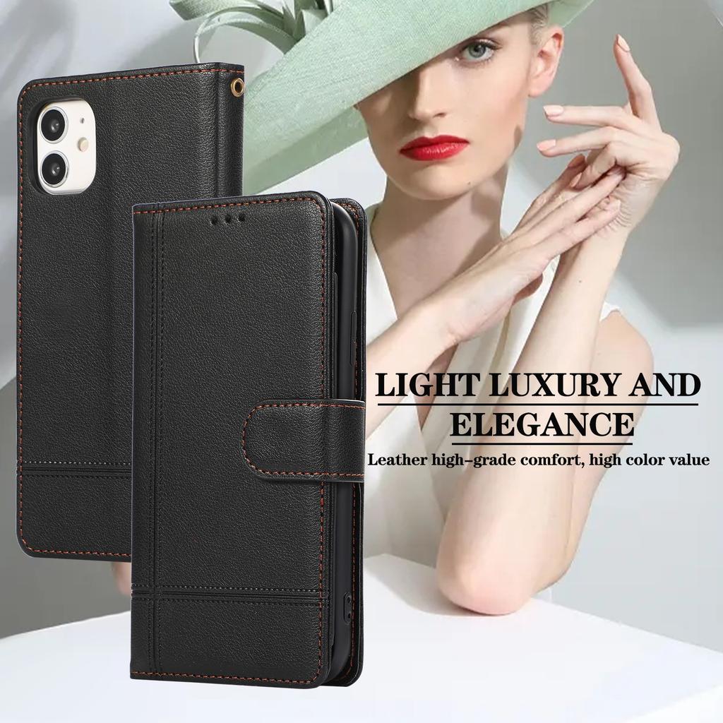 For iPhone 11 Cell Phone Case Lines Imprinted Built-in Mirror Anti-drop Leather Cover with 2 Straps