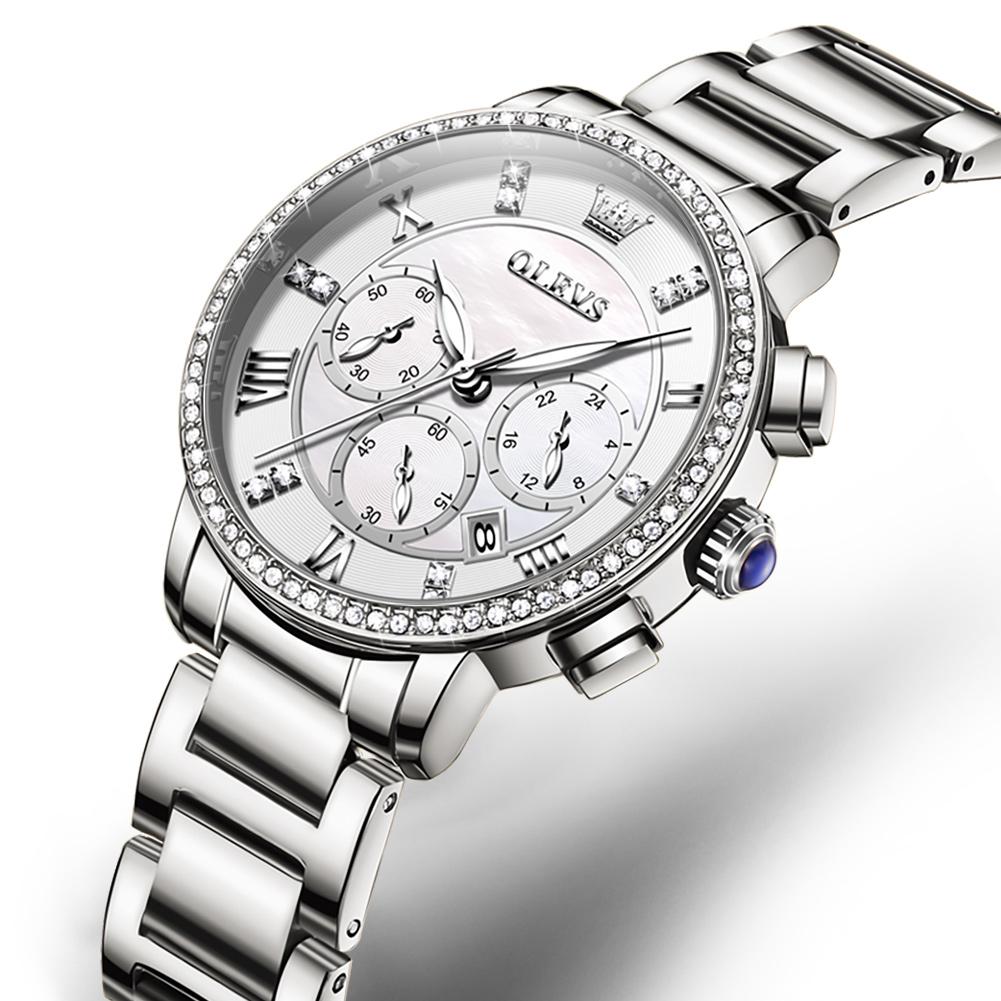 Серебряные кварцевые наручные часы из нержавеющей стали для женщин, роскошные многофункциональные водонепроницаемые светящиеся женские часы