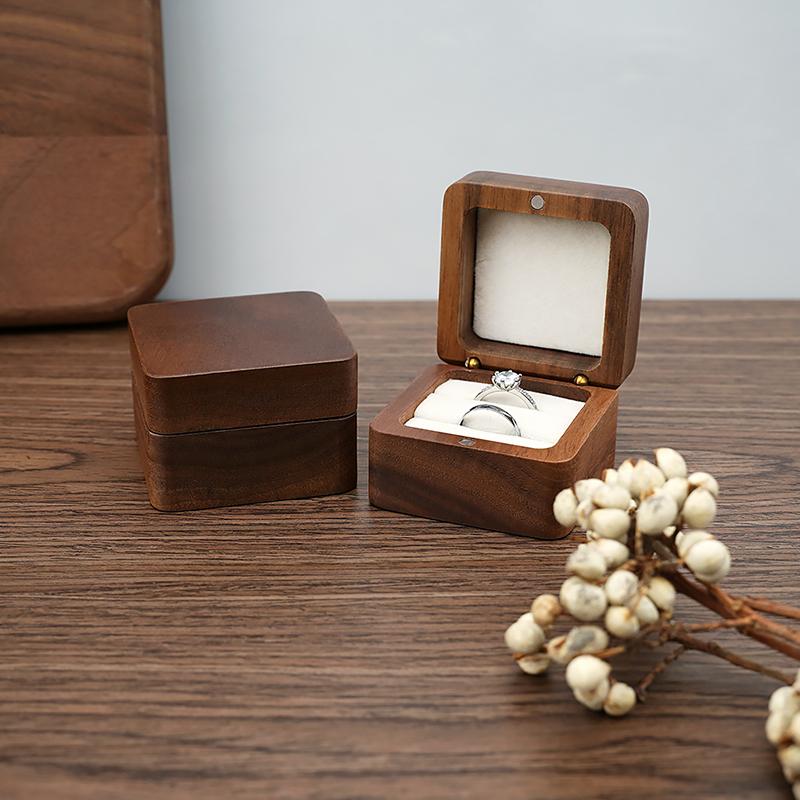 Square Wooden Ring Box for Couple - Walnut Engagement Ring Case, Wedding Jewelry Gift Box Organizer