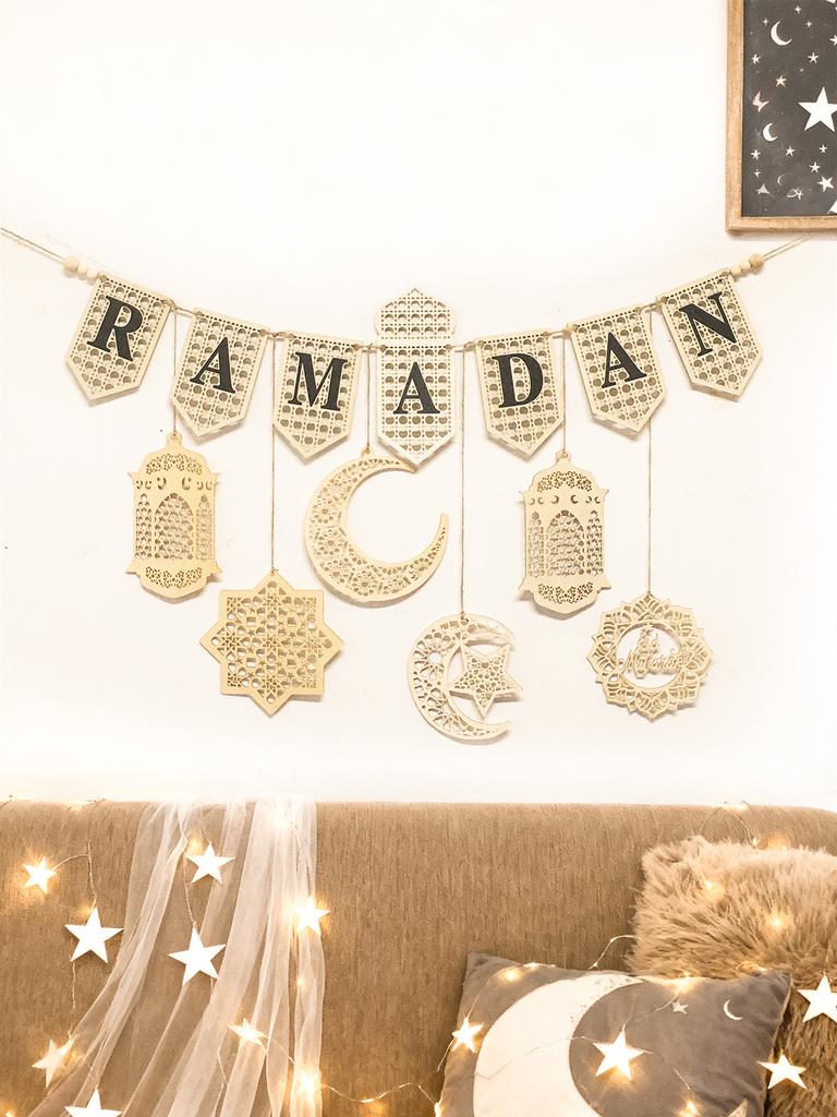 Ramadan Kareem Wooden Banner Garland - Islamic Moon Star Lantern Hanging Decor for Muslim Festival Home Party Wall Ornament Gift