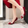 Fashion Pearl Pumps Women 2024Spring Wine Red Metal High Heels Wedding Shoes Woman Sexy Pointed Toe Pumps Ladies High Heels Women Shoes