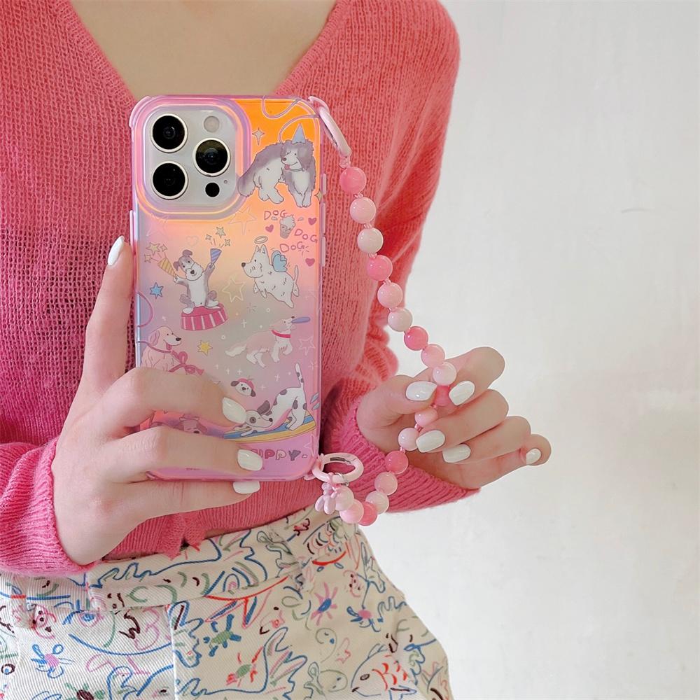 For iPhone 15 Pro Case IMD Cartoon Dogs TPU Phone Cover with Beaded Strap