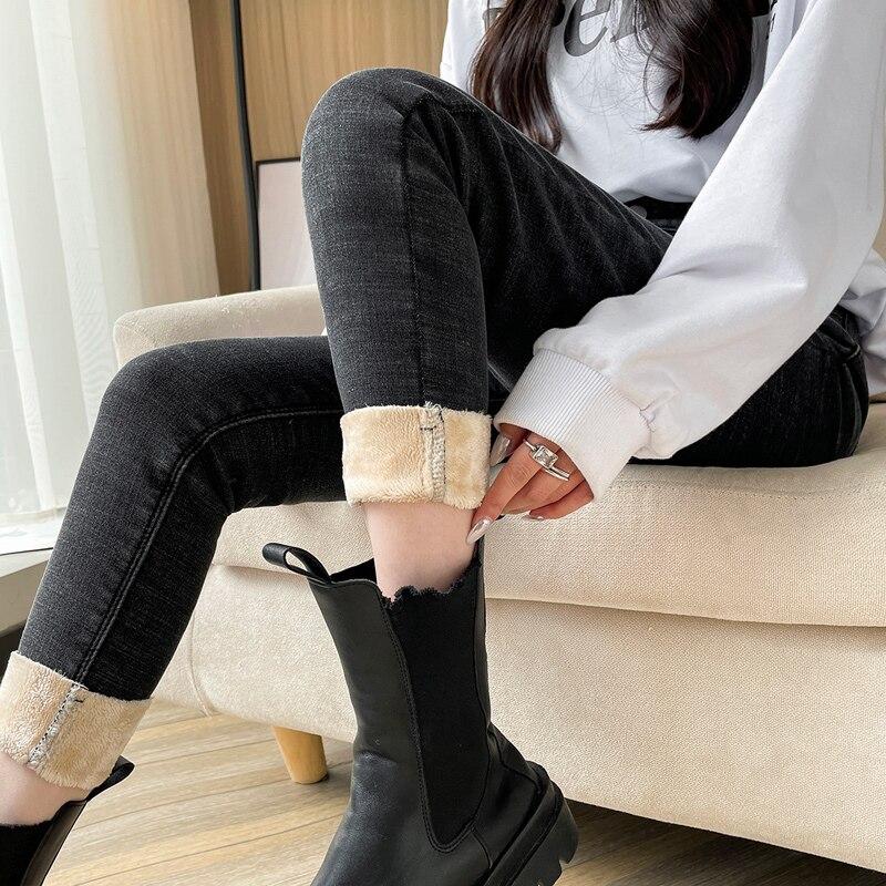 Осень-зима модные женские винтажные джинсы Харадзюку флисовые джинсы с высокой талией повседневные утолщенные теплые эластичные тонкие узкие джинсы уличная одежда