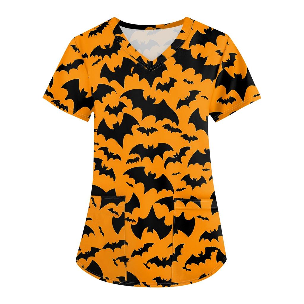 Женская мода V-образным вырезом с короткими рукавами и карманами Топы с принтом на Хэллоуин