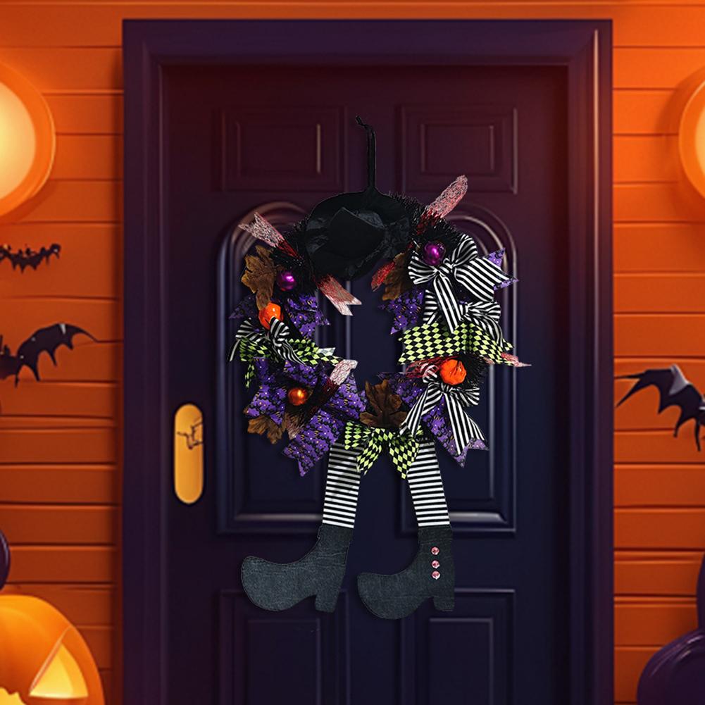 Halloween Black Wreath with Hat Witches Legs Pumpkin Long Legged Wicked Witch Wreath Front Door Garlands for Party Decor