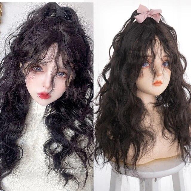 Длинный вьющийся синтетический парик с челкой по центру, темно-коричневый парик из натуральных вьющихся волос, женский парик для косплея, парик из термостойкого волокна
