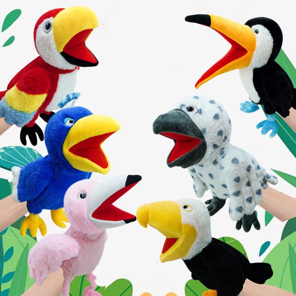 35cm Big Billed Bird Hand Puppet Plush Toy Parrot Peacock Owl Flamingo Doll for Parent Child Interaction Storytelling Kids Gift