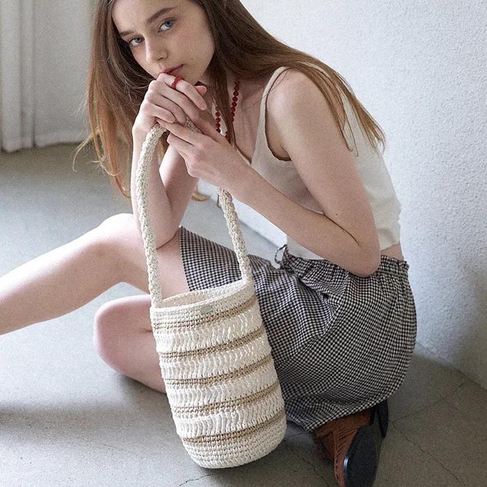 Moroccan Handmade Crochet Stripe Bucket Bag _ Cream