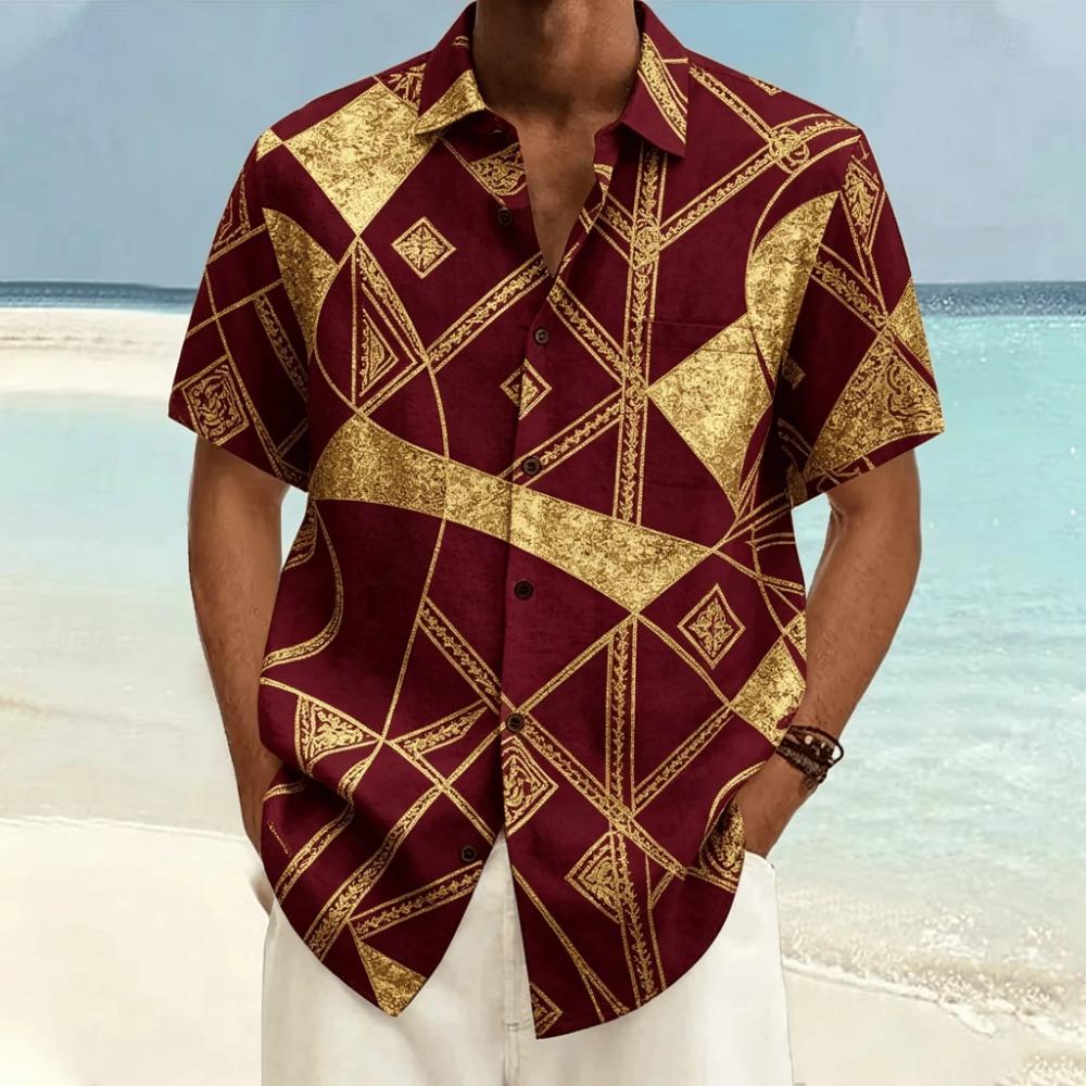 Colorful Splicing Patterns Hawaiian Shirt For Men Geometric 3D Printed Short Sleeves Summer Lapel Aloha Shirts Oversized Blouses