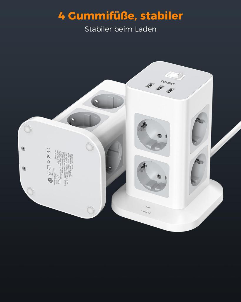 Tessan Розетка с плоской вилкой, 8-контактная многоконтактная розетка с 3 USB-портами, удлинительный кабель, плоский разъем 2 м, защита от перенапряжения с несколькими вилками