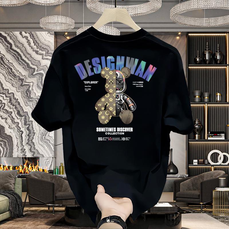 Plus Size Casual American Style Fashion Round Neck Short Sleeve Tee Loose Cotton T Shirt for Men Teddy Bear Pattern Print Casual Couple Shirt