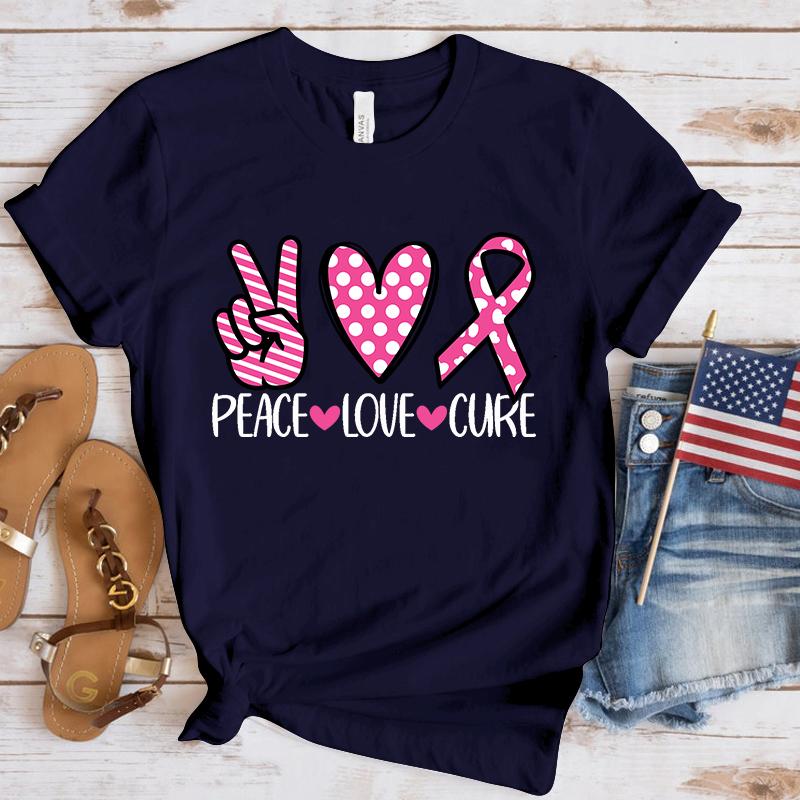 Новая Забавная Футболка с Принтом 'Мир Любовь Исцеление' для Повышения Осведомленности о Раке Груди, Унисекс, Короткий Рукав, Круглый Вырез, Летняя Повседневная Футболка с Буквами, Топ