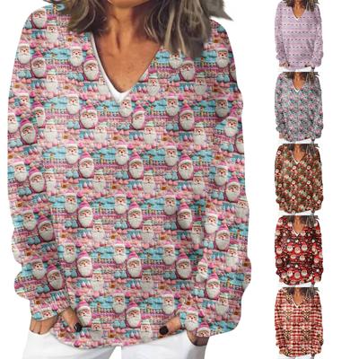 Женский повседневный, модный, комфортный, атмосферный, напечатанный, с V-образным вырезом и длинными рукавами, свободный свитер-топ