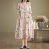 Literary Retro Temperament New V-neck Printed Pleated Swing Dress Women