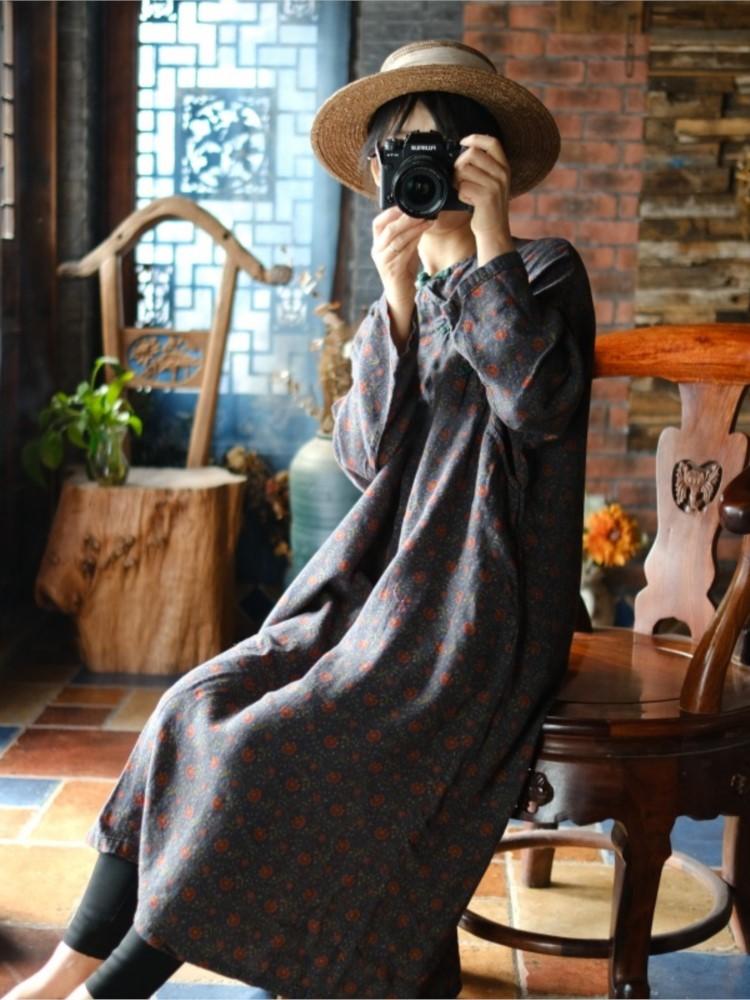 Johnature Женское винтажное синее платье с цветочным принтом, хлопковое мягкое платье с длинными рукавами, весеннее женское платье на пуговицах в китайском стиле