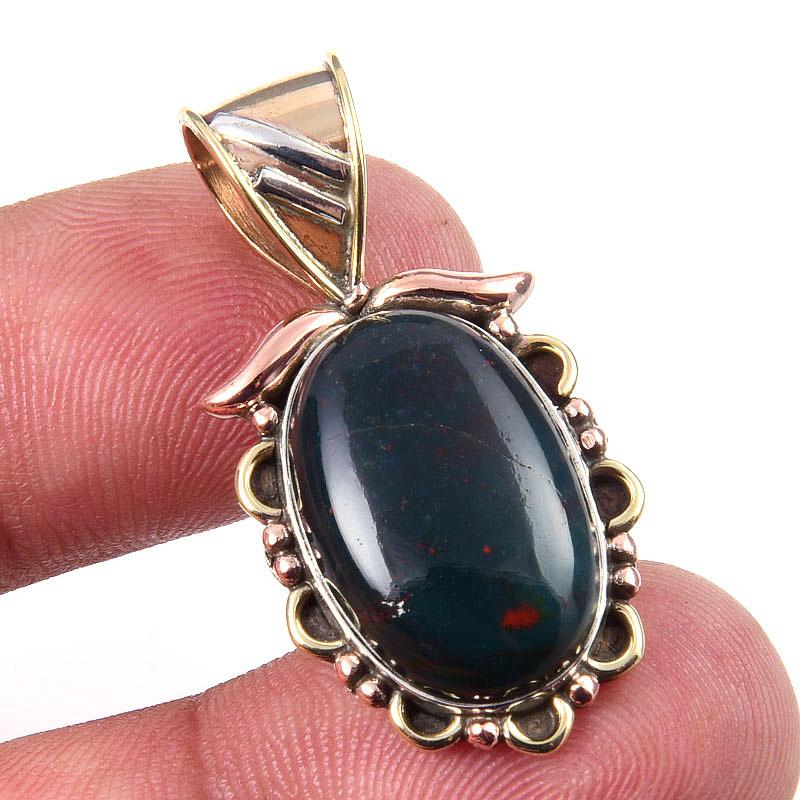 Natural Bloodstone Gemstone 925 Solid Sterling Silver TwoTone Pendant 1.25" N2T82