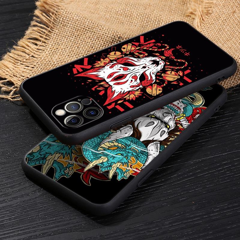 Япония Они Самурай Йокай Маска Дракон Искусство Черная Крышка Для Apple iPhone 15 13 14 12 11 Pro Max Mini XS 6 7 8 Plus Чехлы Мягкие Fundas