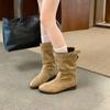Vintage Suede Belt Buckle Folded Medium Boots Women's Silver Belt Buckle Casual Loose Western Cowboy Boots