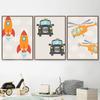 Мультяшный автомобиль, настенное искусство, вертолет, парусные ракеты, картина на холсте, скандинавские постеры и принты, настенные панно для детской комнаты, декор для детской комнаты, без рамки