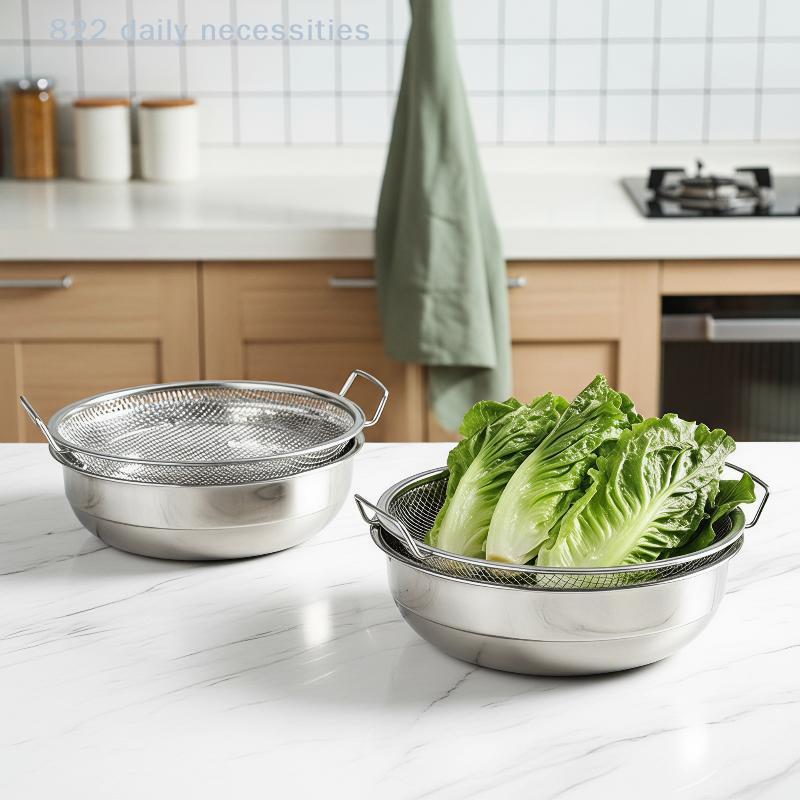 Smooth Edge Stainless Steel Oil Strainer with Tray 1/2Pcs Frying Net Sieve Food Drainer for Kitchen Daily Cooking Needs6