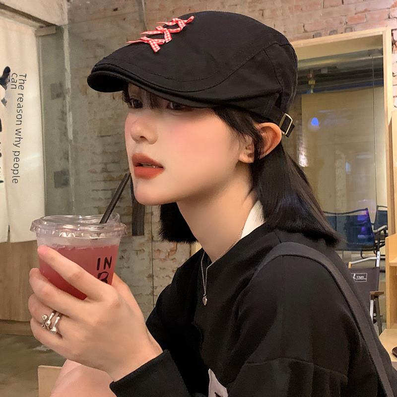 Trendy Retro Womens Beret Hat With Bowknot Cotton Blend Newsboy In Black Fall