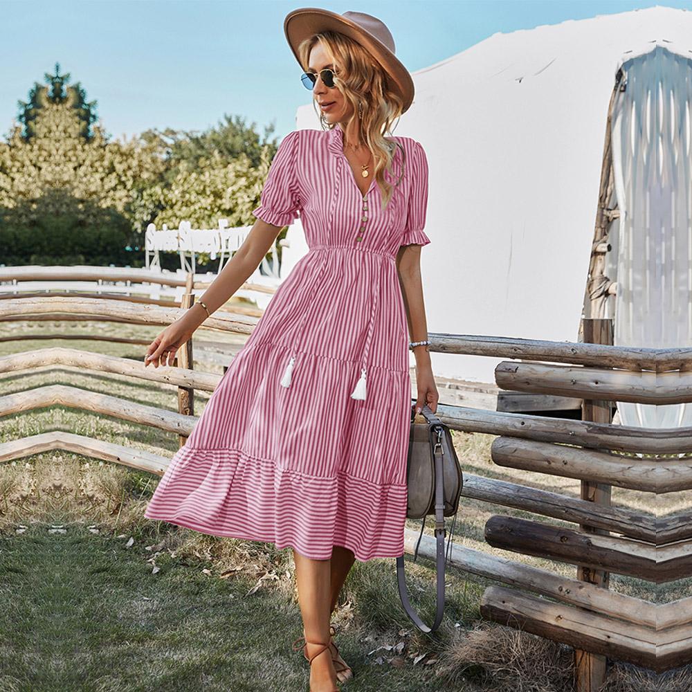 Женские полосатые повседневные платья с короткими рукавами и кисточками средней длины, летние платья на пуговицах с v-образным вырезом для женщин