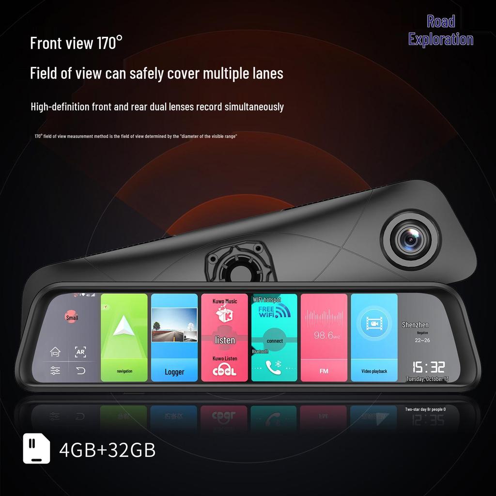 12" Android 8.1 Rearview Mirror Dash Cam with Dual Lens & 4G RAM AR Navigation.