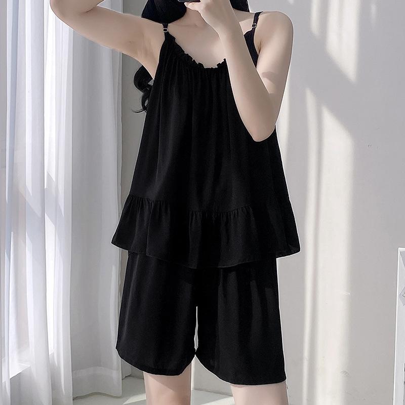 Suspender shorts pajamas women's simple solid color Internet celebrities ins wind cotton silk spring and summer new Korean version loungewear thin
